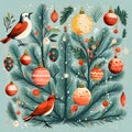 Twigs of pine on them baubles and birds. Christmas card as a symbol of remembrance of the birth of the savior