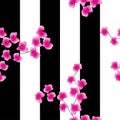 Twigs of a pink orchid on a dark background with wide. black stripes. Seamless pattern