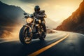 Twilight adventure Motorcycle rider on the road in mountainous terrain