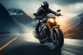 Twilight adventure Motorcycle rider on the road in mountainous terrain