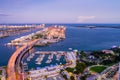 Twilight aerials Downtown Miami Bayside Port harbor Dodge Island