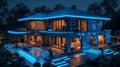 Twilight Ambiance: exterior of glass home aglow with digital smart home icons