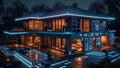 Twilight ambiance: exterior of glass home aglow with digital smart home icons