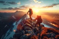 Twilight Ascent, Hikers Conquering Majestic Mountain Peaks. Generative AI
