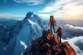 Twilight Ascent, Hikers Conquering Majestic Mountain Peaks. Generative AI