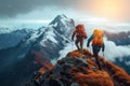 Twilight Ascent, Hikers Conquering Majestic Mountain Peaks. Generative AI