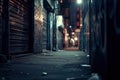Twilight Backstreet Elegance. Dark alley with worn textures and captivating graffiti tales. Cityscape allure. Generative AI