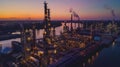 Illuminated industrial chemical plant at dusk with smokestacks. Picturesque sunset over an industrial skyline. Capturing Royalty Free Stock Photo