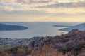 Twilight. Calm winter evening in Mediterranean. Montenegro, view of Adriatic Sea and coastline of Kotor Bay Royalty Free Stock Photo