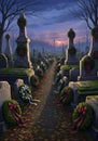 Twilight Cemetery Path Lined with Gravestones and Wreaths Royalty Free Stock Photo