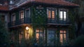 Twilight Charm of Old European Building with Greenery Royalty Free Stock Photo