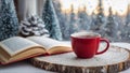 At twilight during the Christmas season. It\'s snowing outside the window. Reading while drinking coffee. blissful time.