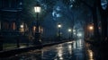 Twilight in a city park or forest. Thick fog over empty alleys. Foggy mystery. generative ai