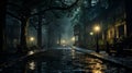 Twilight in a city park or forest. Thick fog over empty alleys. Foggy mystery. generative ai