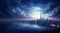 Twilight city skyline with dramatic cloud in night