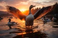 Twilight elegance flock of geese graces, sunrise and sunset wallpaper