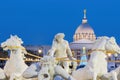 Twilight exterior view of the Apollo Fountain Plaza of Chimei Museum