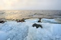 Twilight foggy rubble ice Baltic seashore landscape