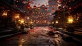 Twilight Glow: Vibrant Chinese Lanterns and Firecrackers in a Traditional Courtyard