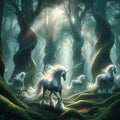 Twilight Guardians: AI Generated Unicorns Among Old Twisted Forest Trees