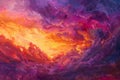 In the twilight hours, a breathtaking sunset unfolds, infusing the sky with a kaleidoscope of fiery oranges pinks, Generated AI