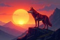 The twilight hunt on a desolate, rocky borderland, with a lone wolf silhouetted against a dramatic sunset. Royalty Free Stock Photo