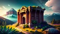 Twilight Majesty: Illustration of an Ancient Greek Temple Amidst Mountainous Splendor