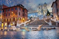 Twilight near the Spanish Steps and the Fontana della Barcaccia in Piazza di Spagna, Rome, Italy Royalty Free Stock Photo