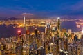 Twilight night view Hong Kong business downtown over Victoria Bay