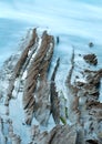 Twilight ocean coast with ribbed stratiform rock. Royalty Free Stock Photo