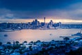 Twilight over Auckland Harbour and Auckland City downtown