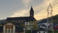 Twilight over Buhl with Church Silhouette and Eiffel Tower Model, Homage to Maurice Koechlin, Alsace, France, with \