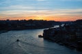 Twilight over the Douro river, top view, Porto