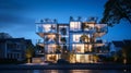 Twilight over modern glass residential house in quaint small town, serene and picturesque