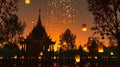 Twilight over a Thai temple with sky lanterns aloft. Dusk setting with ceremonial lanterns. Concept of Visakha Bucha Day Royalty Free Stock Photo