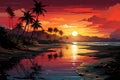 Twilight palms, Oceans embrace, sunsets glow silhouetted against a tranquil illustrated horizon