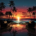 Twilight palms, Oceans embrace, sunsets glow silhouetted against a tranquil illustrated horizon