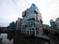 Twilight panorama view of Inntel Hotel stacked house architecture building in Zaandam Zaanstad North Holland Netherlands