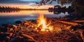 Twilight Reflections Campfire by the Lake in the Serene Evening. Generative AI