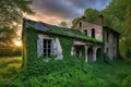 Twilight\'s Embrace: Abandoned Village Overgrown with Ivy and Foliage, Shattered Windows Echoing Nature\'s Reclamation