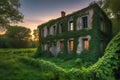 Twilight\'s Embrace: Abandoned Village Overgrown with Ivy and Foliage, Shattered Windows Echoing Nature\'s Reclamation