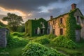 Twilight\'s Embrace: Abandoned Village Overgrown with Ivy and Foliage, Shattered Windows Echoing Nature\'s Reclamation