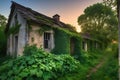 Twilight\'s Embrace: Abandoned Village Overgrown with Ivy and Foliage, Shattered Windows Echoing Nature\'s Reclamation