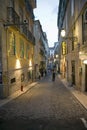 Twilight scene of lamp light and buildings in historic and popular tourist area, Barrio Alta, Lisbon/Lisboa Portugal