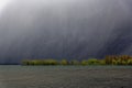 View to storm eerie scenery at lake, dramatic sky Royalty Free Stock Photo