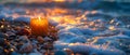 Twilight Serenity: Candlelit Shore with Seashells. Concept Twilight Serenity, Candlelit Shore, Seashells, Beach Photography