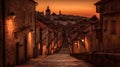 Twilight Serenity in a European Town, A Lone Pedestrian Walks the Cobbled Streets of an Old City at Dusk, Surrounded by Historic Royalty Free Stock Photo