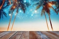 Twilight Serenity: Wooden Deck Overlooking a Tropical Palm Beach - Generative AI