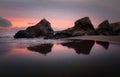 Twilight Silhouettes of Sea Stacks with Reflections, Bedruthan Steps, North Cornwall Royalty Free Stock Photo