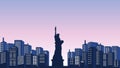 Twilight sky background of city silhouette with tall apartment and view of statue of liberty